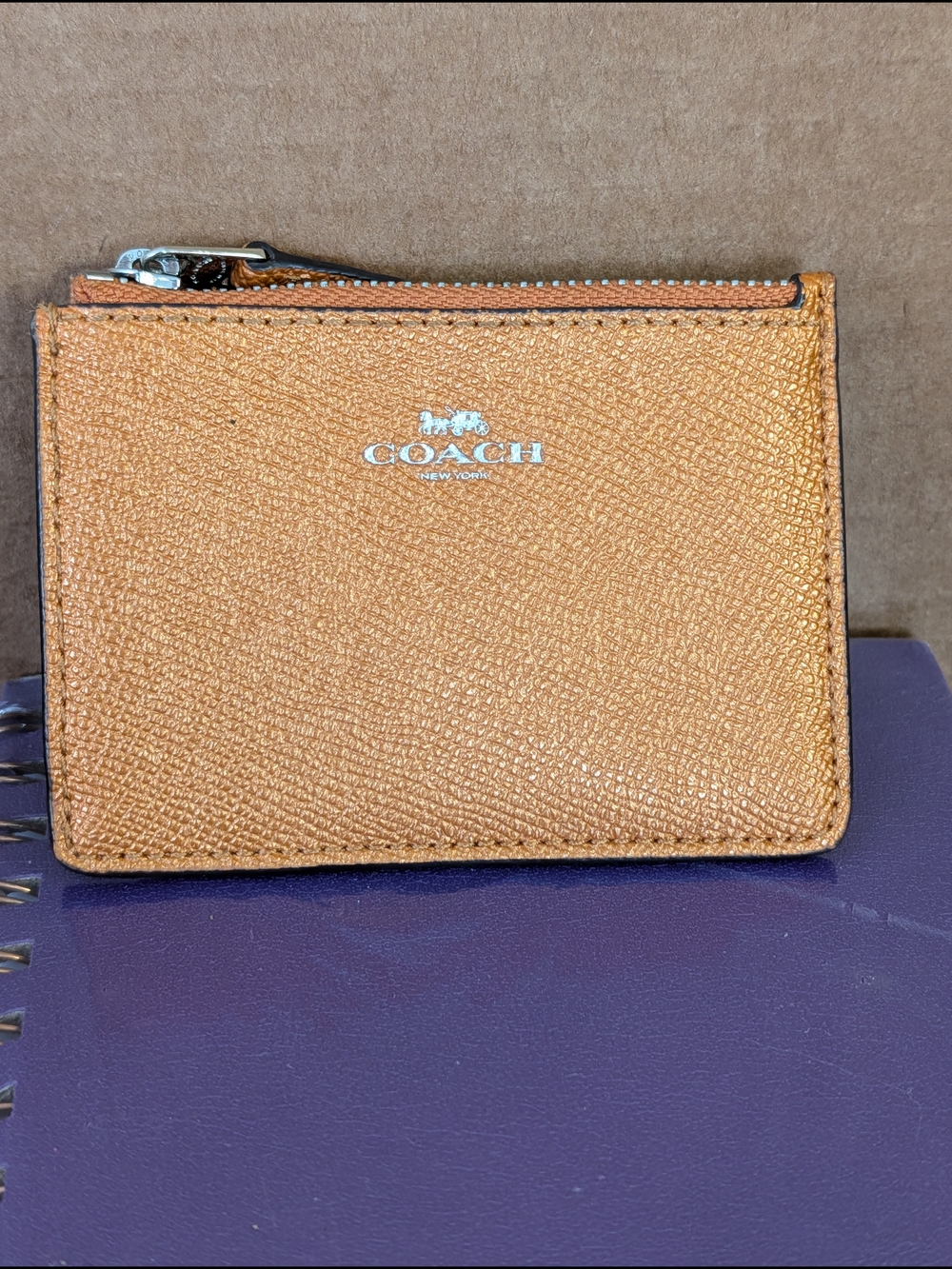 Coach F21082 Mini Skinny ID Card Case Zip Keychain in Metallic Orange